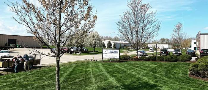 A freshly mown commercial lawn showing mowing stripes, a newly planted tree in a mulch ring, and edged shrub beds along the parking lot.